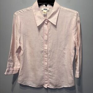 Vintage Old Navy Linen Button Down Shirt Pastel Pink 3/4 Sleeves‎ Y2K Preppy SzS